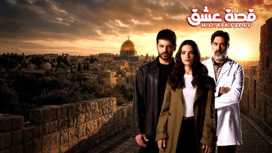 Poster for a drama series showing a woman flanked by a man in a leather jacket and a doctor against a Jerusalem sunset skyline.